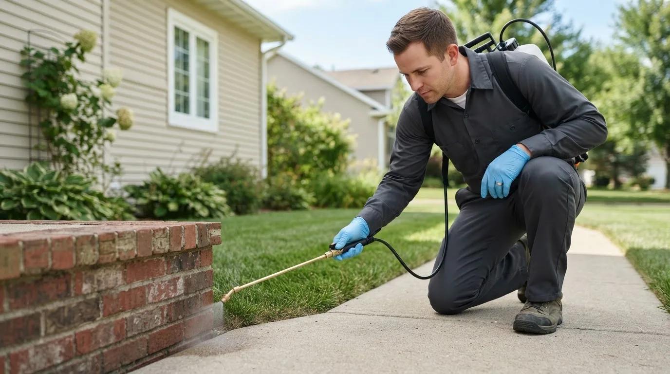 Pest control technician treating a home near Castalia, OH
