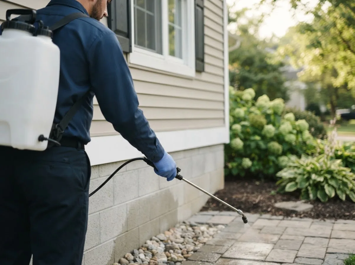 Pest control technician inspecting a home in Castalia, OH